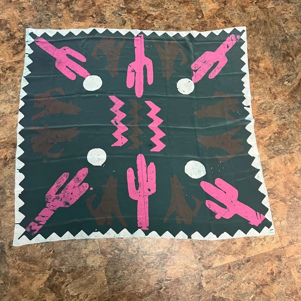 Womens Aztec Desert Wolf Cactus Scarf Square‎ Gray Pink White 33 x 35